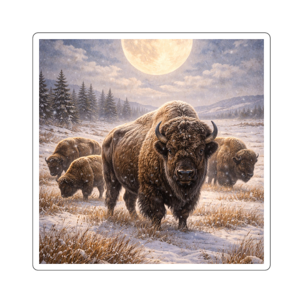 Bison Herd Square Sticker — Majestic Winter Moon Wildlife Decal