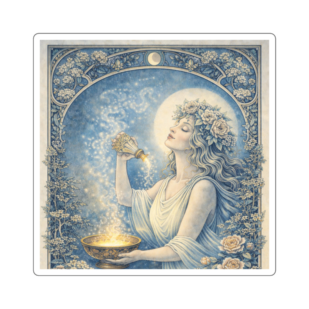 Moonlit Maiden Square Sticker — Vintage Art Nouveau Goddess Sticker