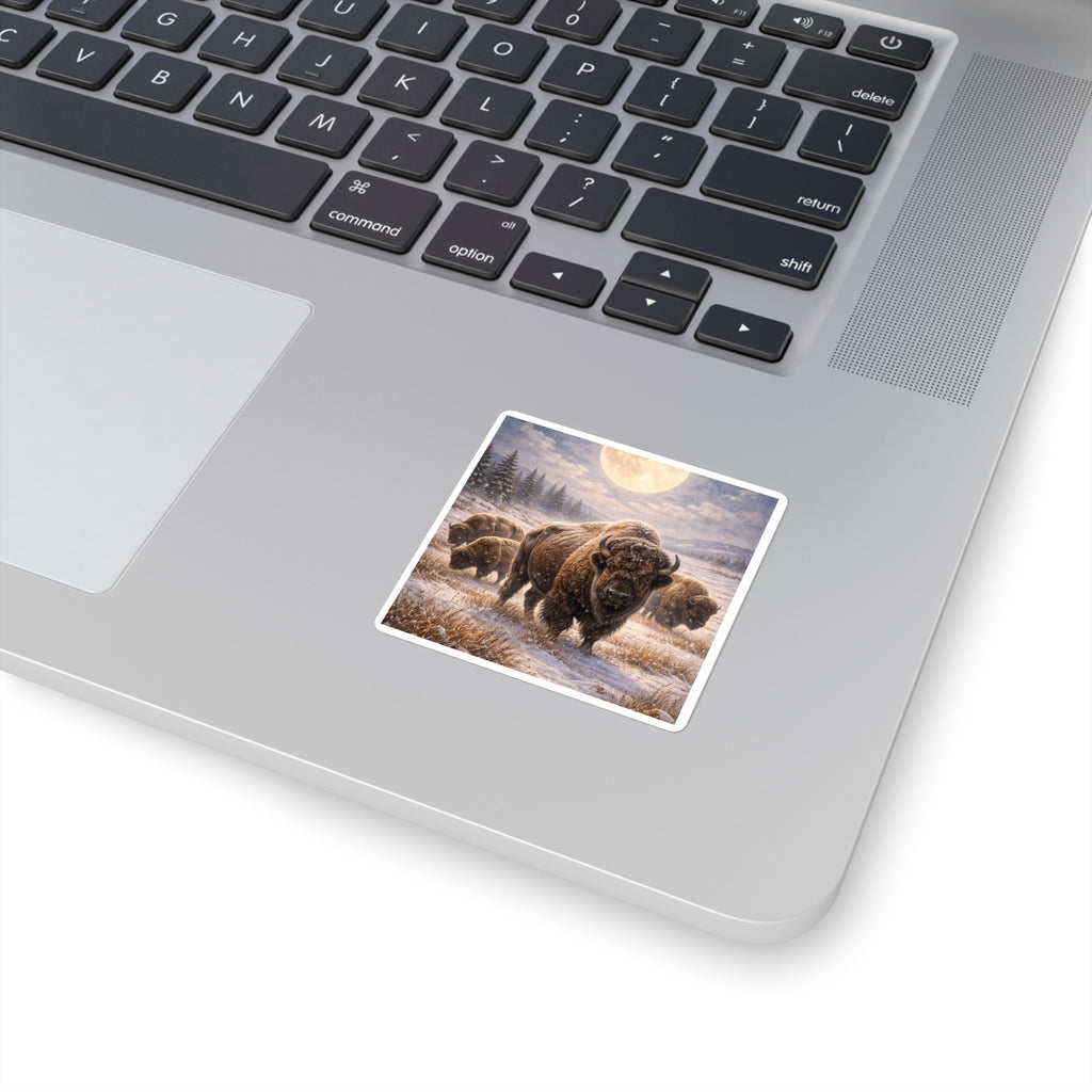Bison Herd Square Sticker — Majestic Winter Moon Wildlife Decal