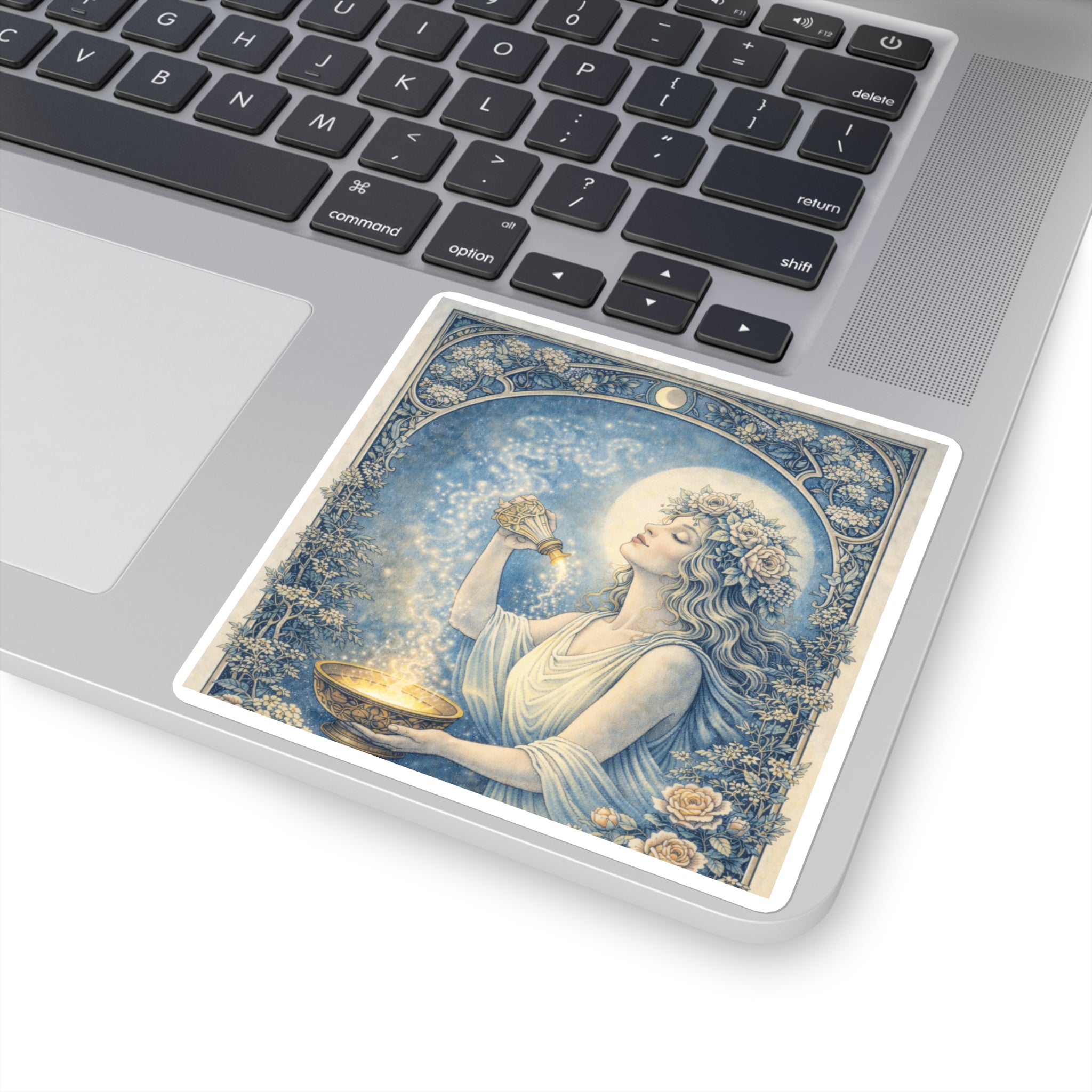 Moonlit Maiden Square Sticker — Vintage Art Nouveau Goddess Sticker