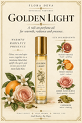 Flora Deva Golden Light roll-on perfume oil bottle centered on a cream background with decorative botanical illustrations of oranges, roses, and citrus. Text describes the warm, radiant, and spicy-rose fragrance profile and lists key ingredients.