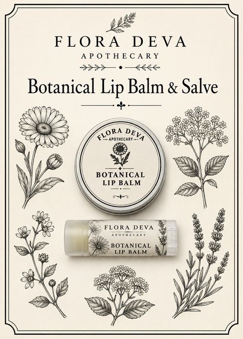 Flora Deva Apothecary Botanical Lip Balm & Salve set, featuring a round tin and a tube of lip balm on a cream-colored background decorated with black botanical line drawings.
