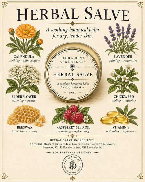 A vintage-style illustrated product card for Flora Deva Apothecary Herbal Salve. The cream-colored card features botanical illustrations of calendula, lavender, elderflower, chickweed, beeswax, raspberry seed oil, and vitamin E, with text detailing the soothing benefits of the balm.